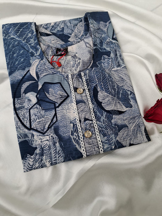 Blue Printed Kurti with Lace & Button Detailing – Stylish Everyday Wear