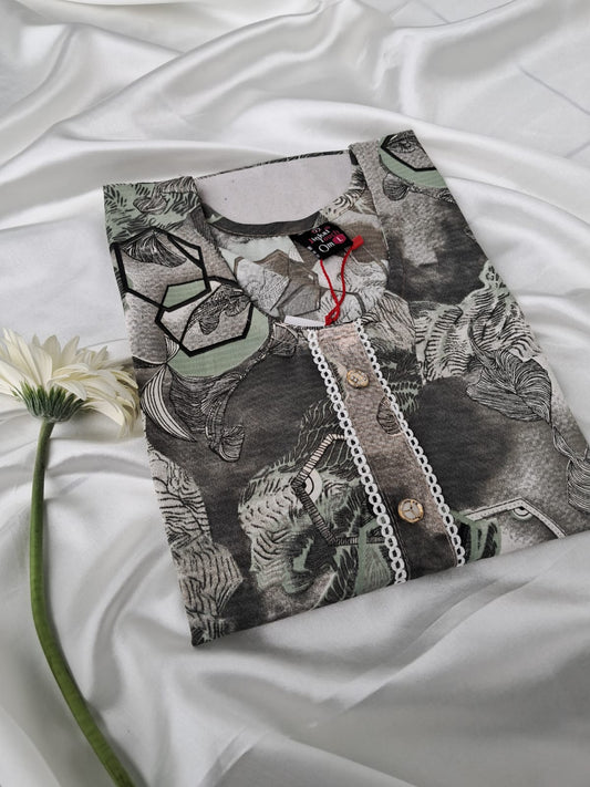 Elegant Grey & Green Printed Kurti – Modern Comfort with Ethnic Charm