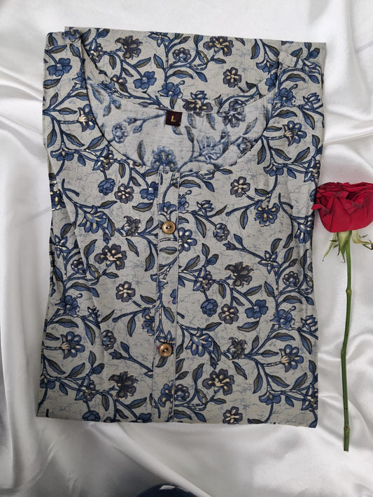 Grey & Blue Floral Printed Kurti – Elegant Everyday Ethnic Wear