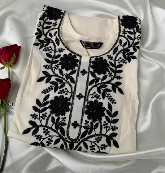Elegant White Kurti with Black Floral Embroidery – Party & Office Wear