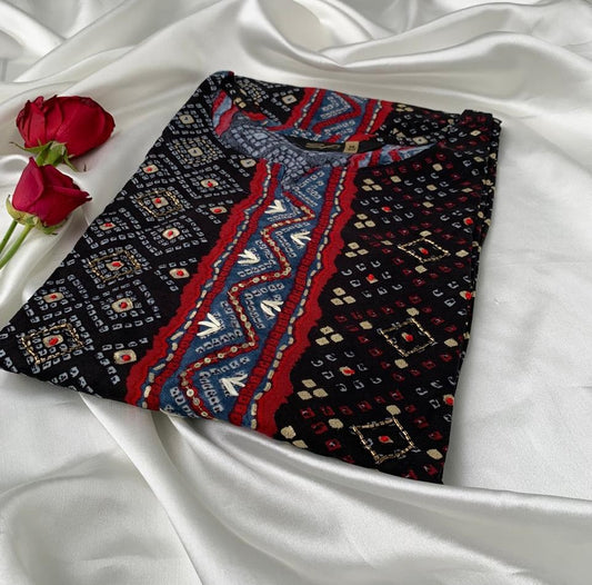 Black & Red Printed Cotton Kurti for Women