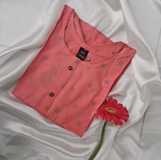 Elegant Peach Pink Printed Kurti – Everyday Ethnic Wear with Style